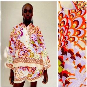 Zara Matching Set Shorts (XS) and Button Down Top (L) Satin Style Retro Print